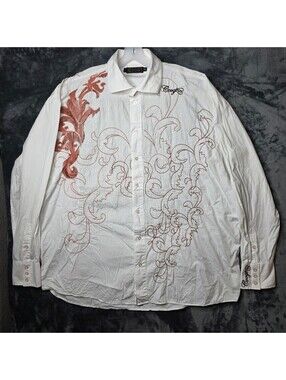 Vintage COOGI Men's XXL White Brown Embroidered Floral Dress Shirt Long Sleeve